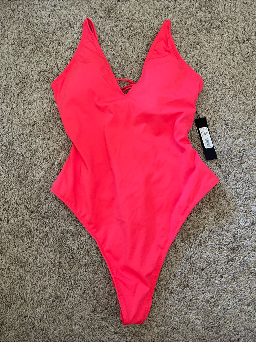 TA3 Plungey Thong One Piece Swimsuit Hot Coral L Short NWT